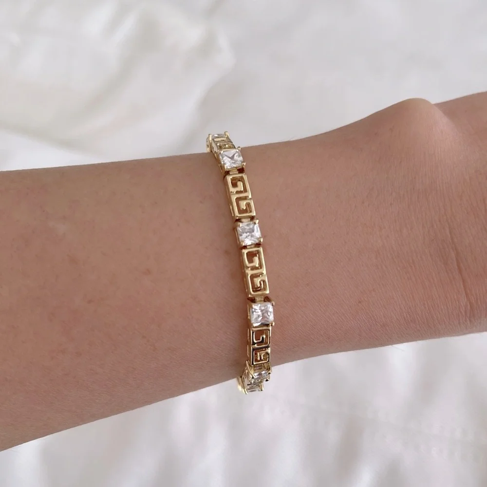 VTG Ross Simons sterling silver 925 CZ Greek key gold vermeil tennis bracelet - Picture 4 of 15